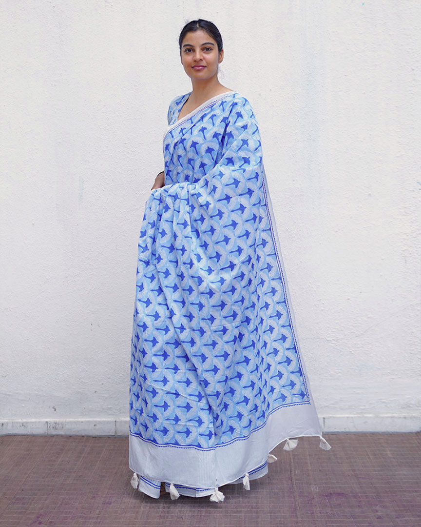 Maya Blue Hand Block Printed Saree-BAD