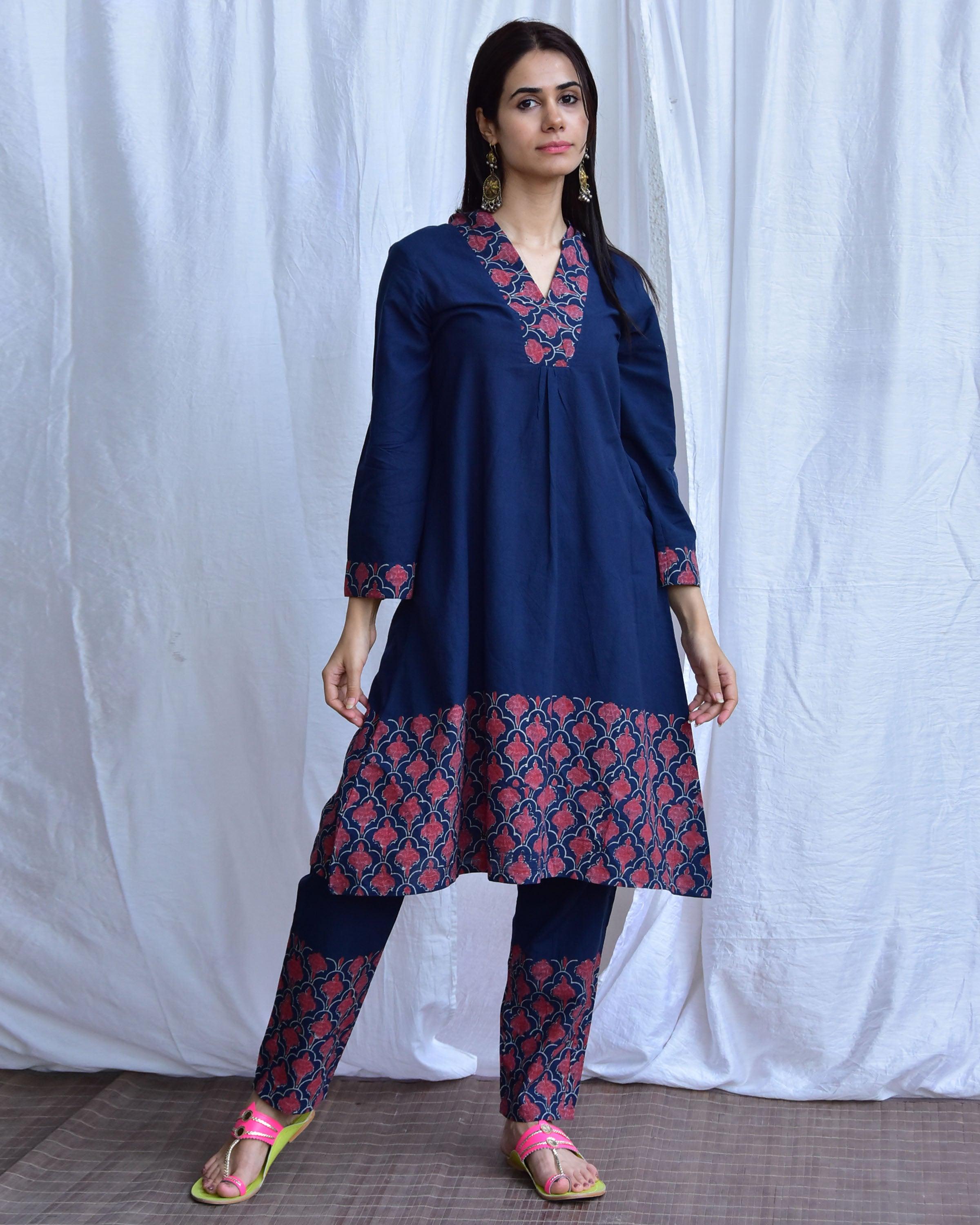 Starry Bloom Blue Hand block printed Cotton Kurta - LD