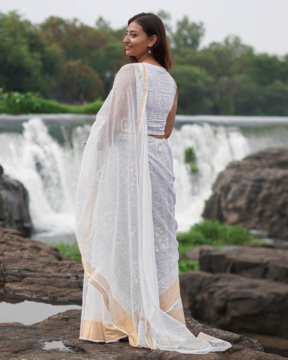 Milk Glass Kota Doria Ivory Block Printed Saree - SFD