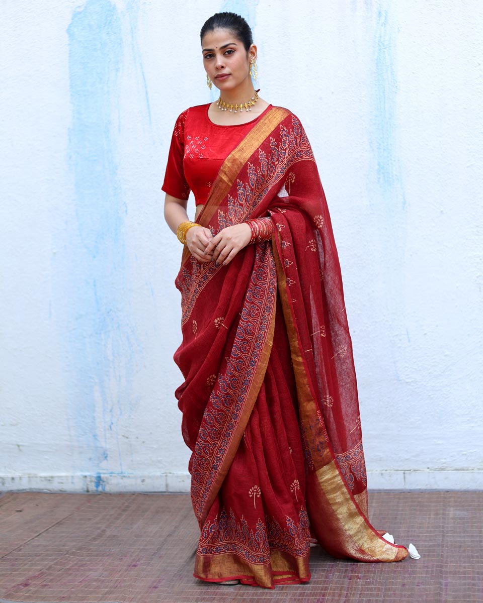 Nayyir Maroon Handblock Print Linen Saree - RSH