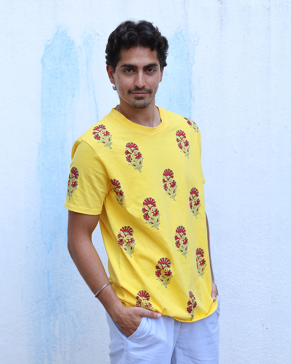 Fitoor Yellow Hand Block Print Cotton T- Shirt -TOF