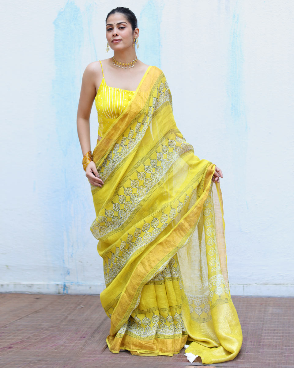 Ziya Yellow Handblock Print Linen Saree - RSH