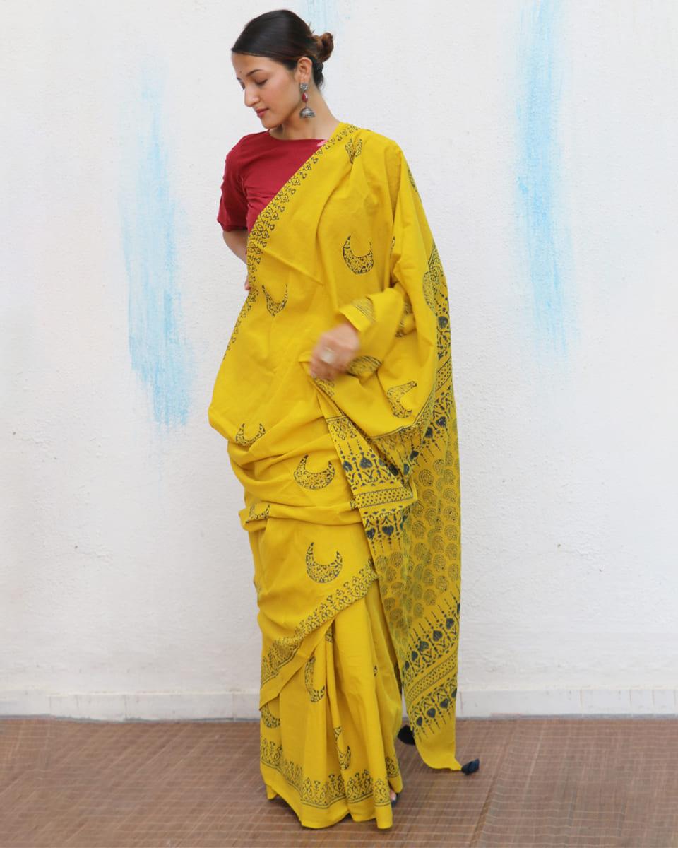 Daisy Handblockprinted Cotton Saree - Fmtm