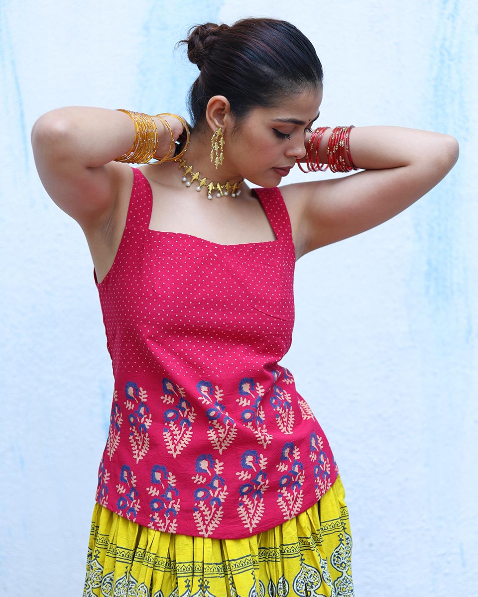 Aftabi Pink Handblock Print Cotton Top - RSH