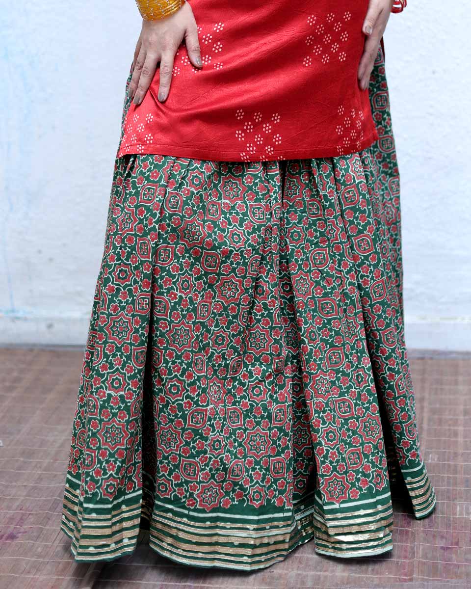Jhilik Green Handblock Print Cotton Ghagra - RSH