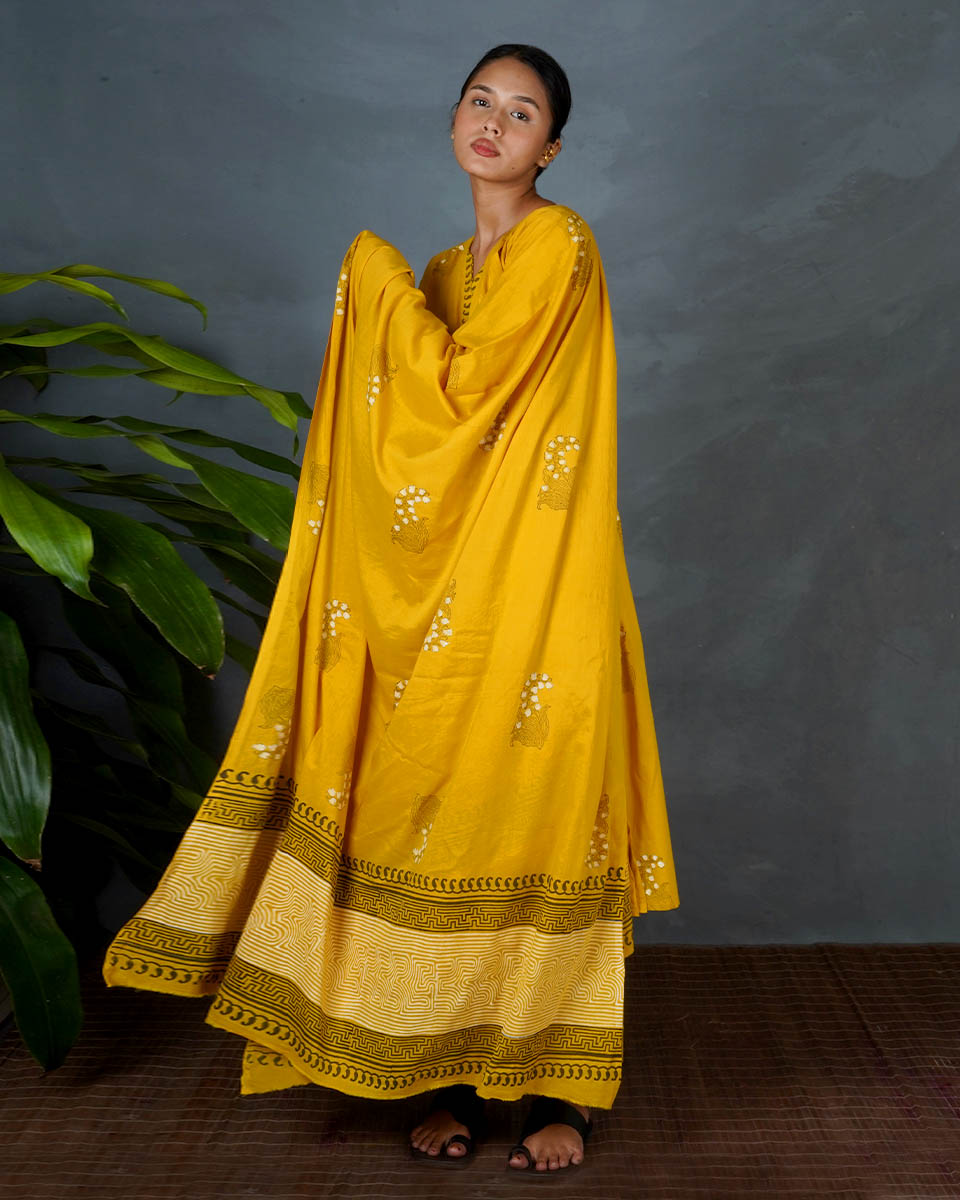 Avira Yellow Hand Block Printed Dupatta-MYA