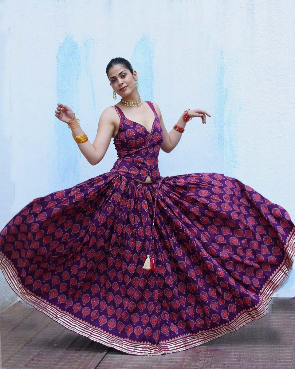 Jyoti Purple Handblock Print Cotton Ghagra - RSH