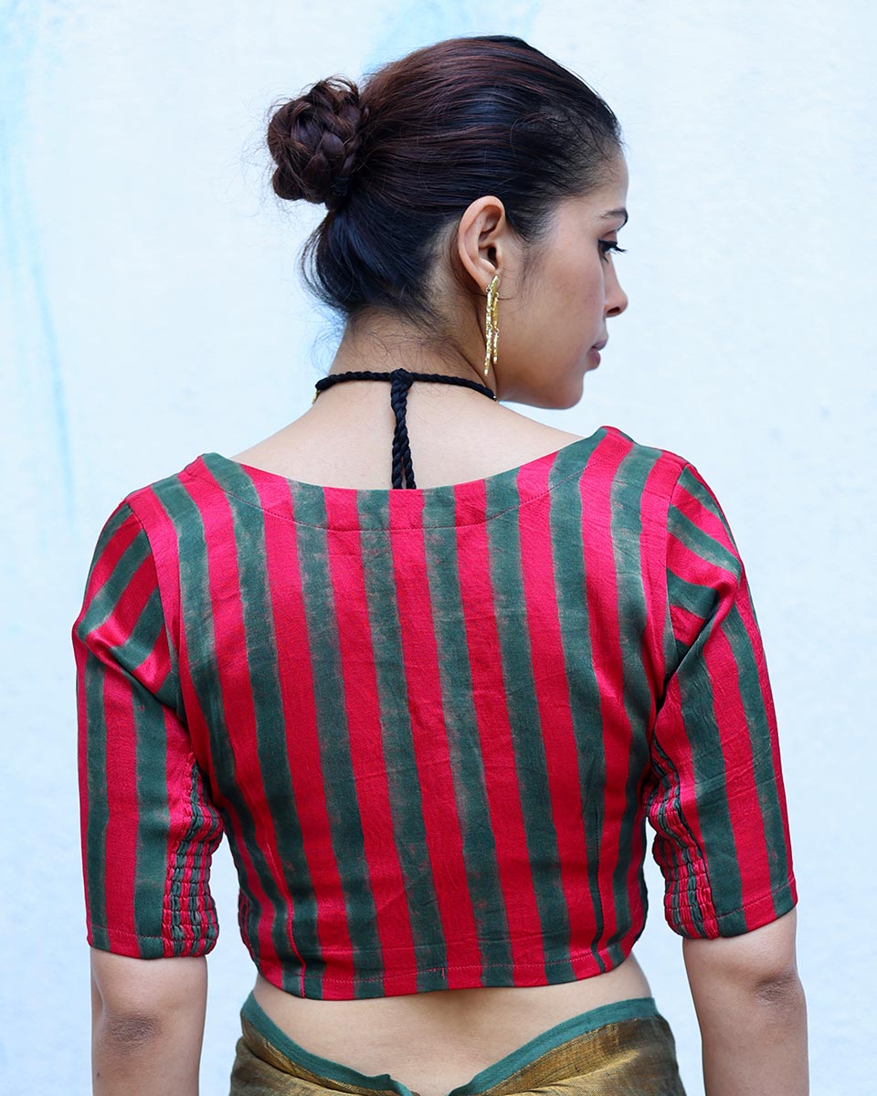 Tajalli Red With Green Handblock Print Mashru Silk Blouse - RSH