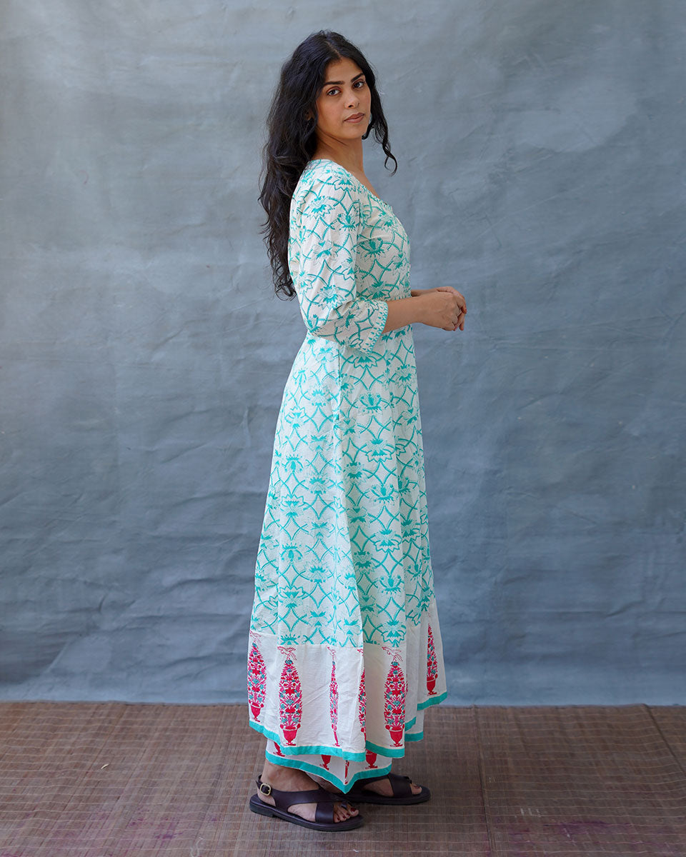 Chamomile’s Calm Teal Green Block Printed Cotton Dress - MMG