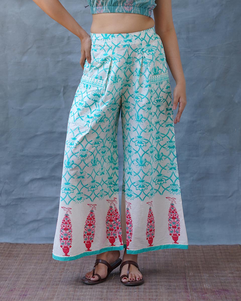 Cosmos’ Call Teal Green Block Printed Pants - MMG