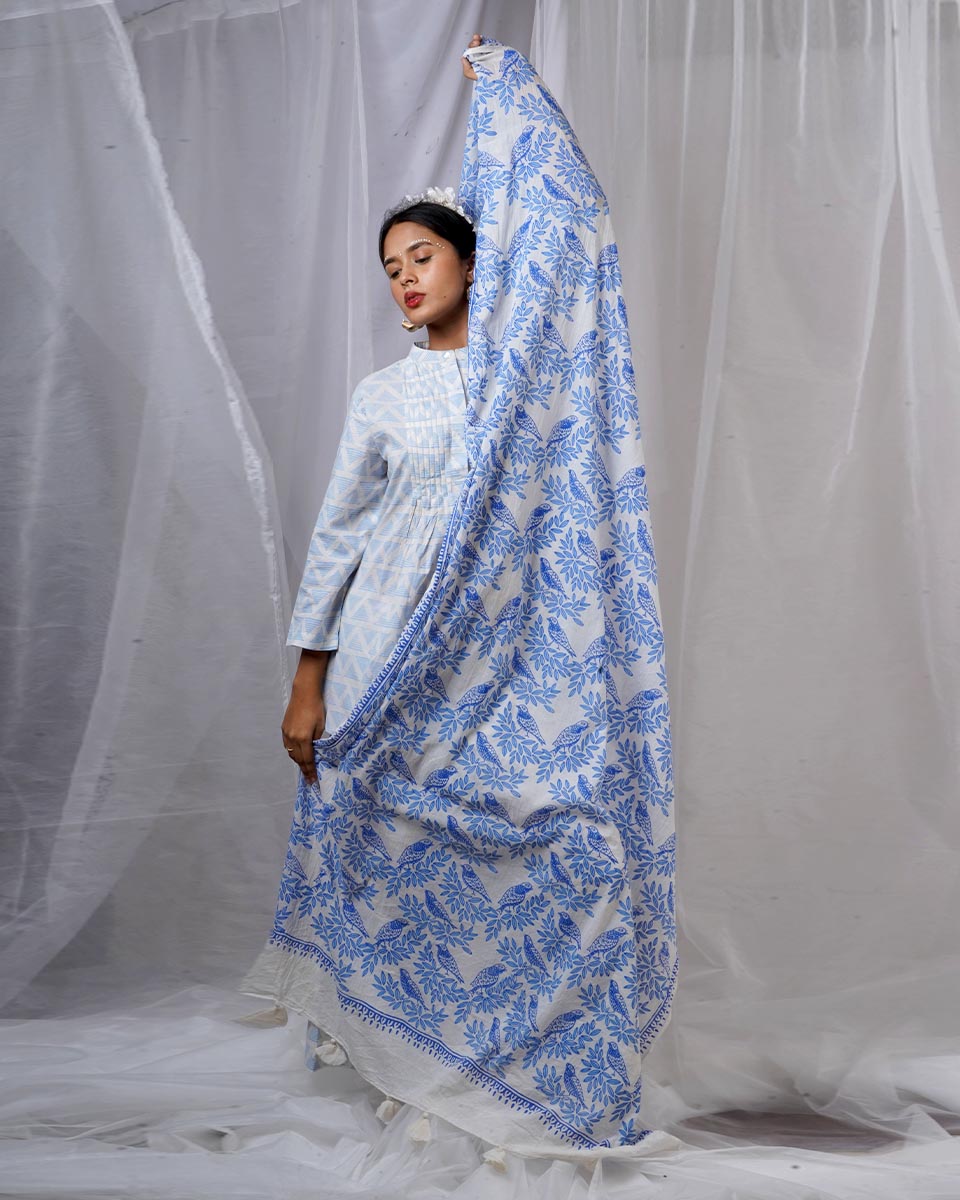 Milu Blue Hand Block Printed Dupatta-BAD