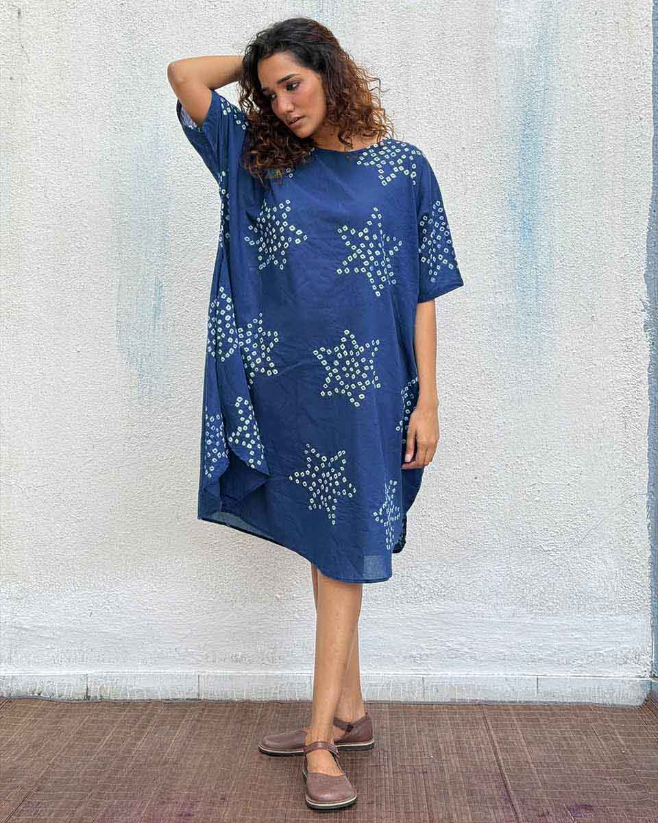 Blue Me Away Bandhej Cotton Dress - Freesize