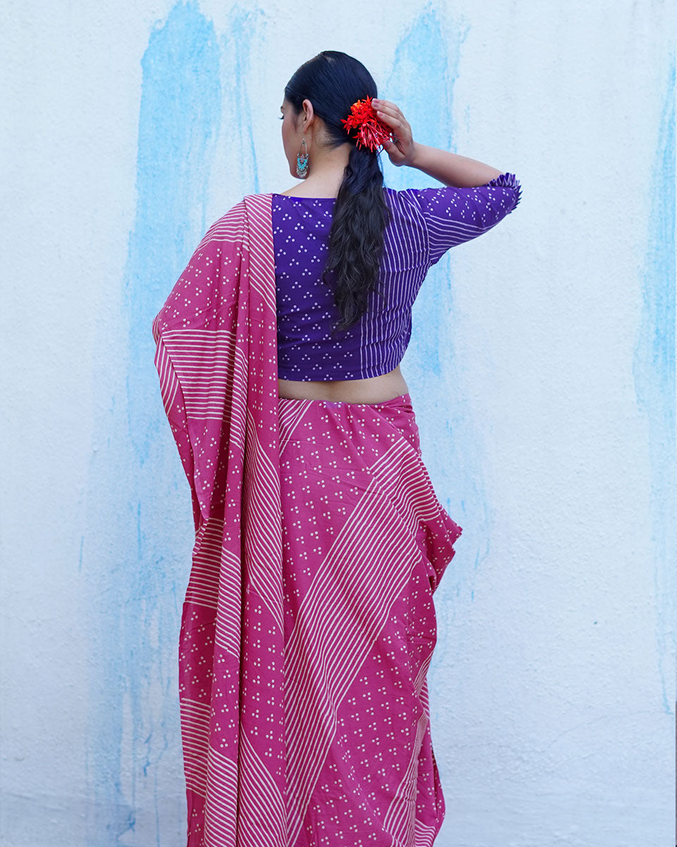 Patang Pink Handblock Print Cotton Saree - BFG