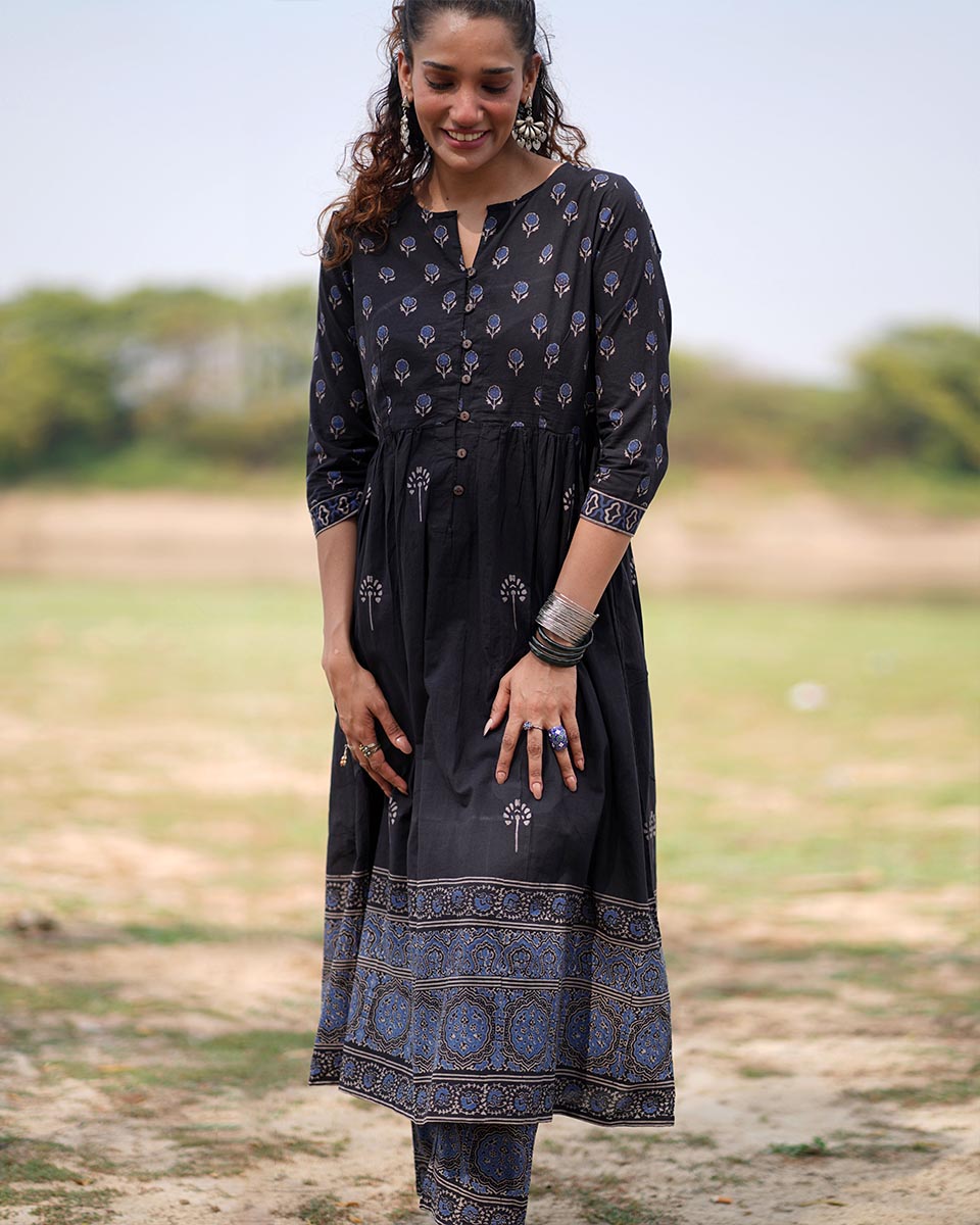 Midnight Garden Blockprinted Cotton Kurta Set-WWB
