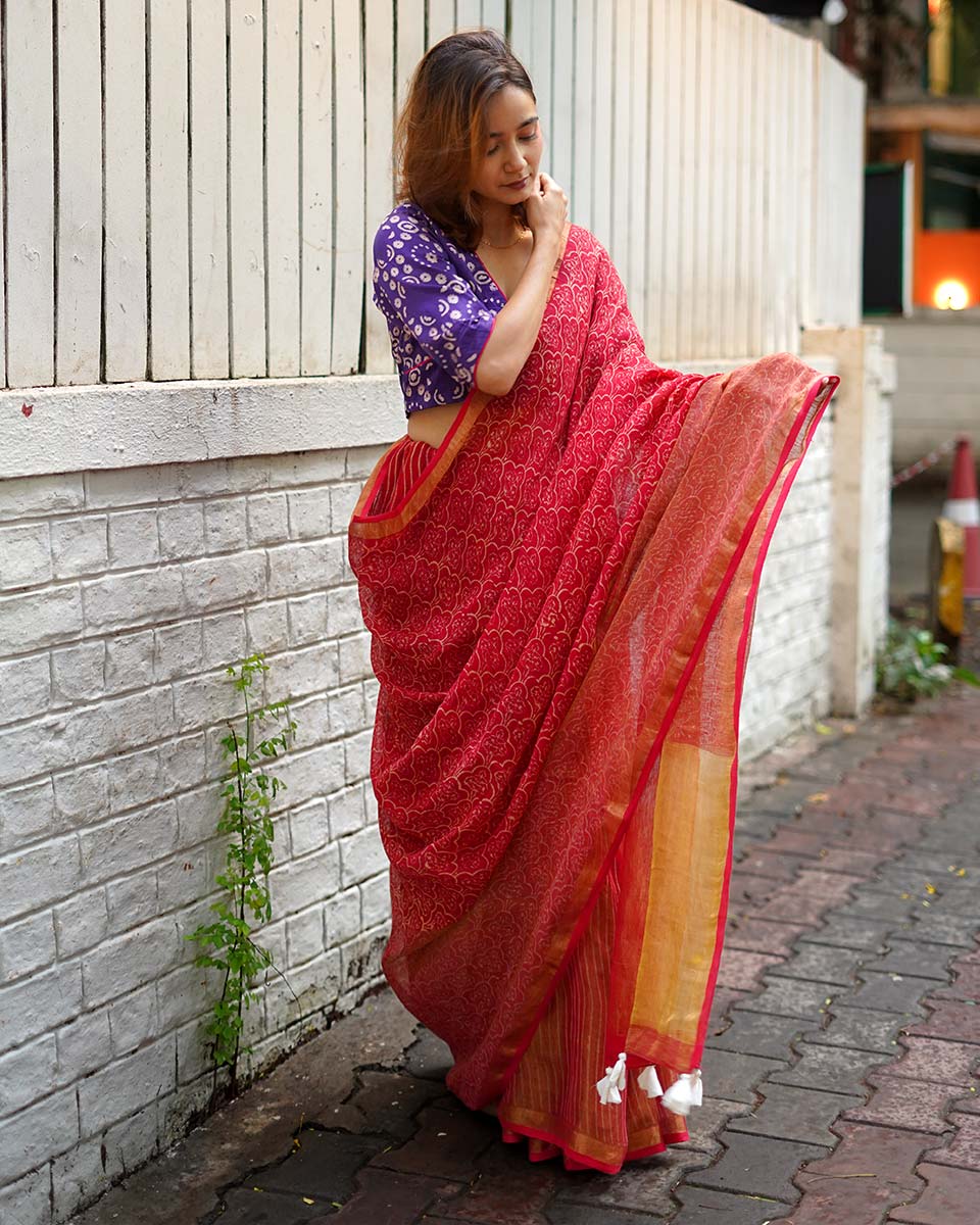Ananya Red Handblock Printed Linen Saree - Anant