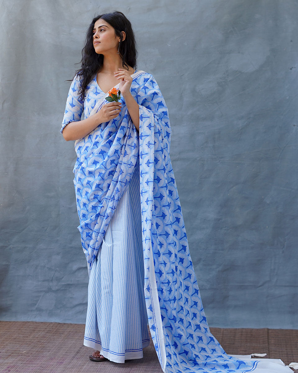 Maya Blue Hand Block Printed Saree-BAD