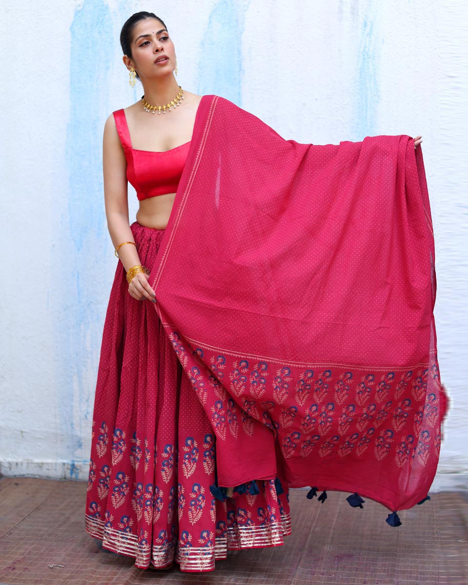 Prabhati Pink Handblock Print Cotton Dupatta - RSH