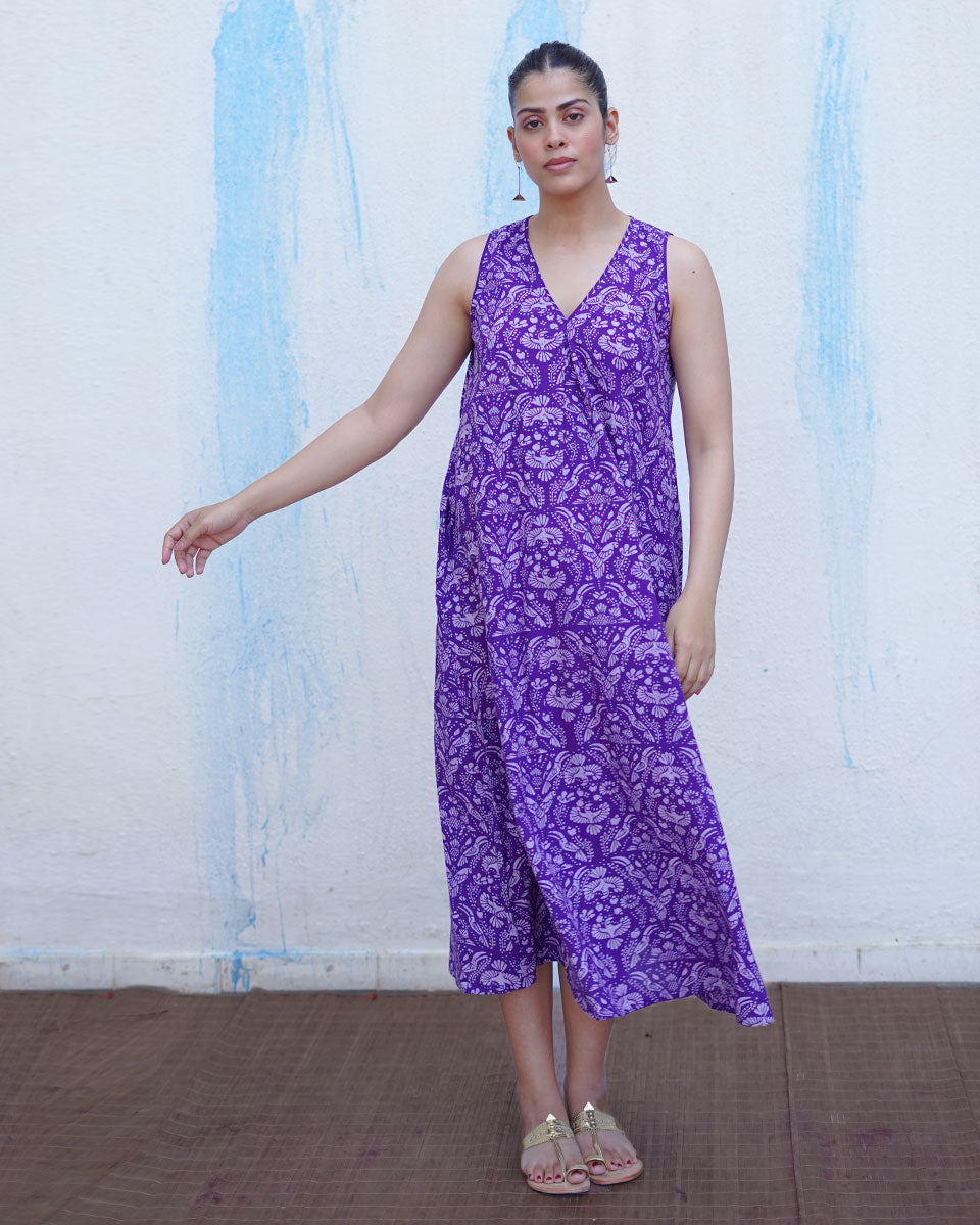 Tarang Purple Handblock Print Cotton Dress - BFG