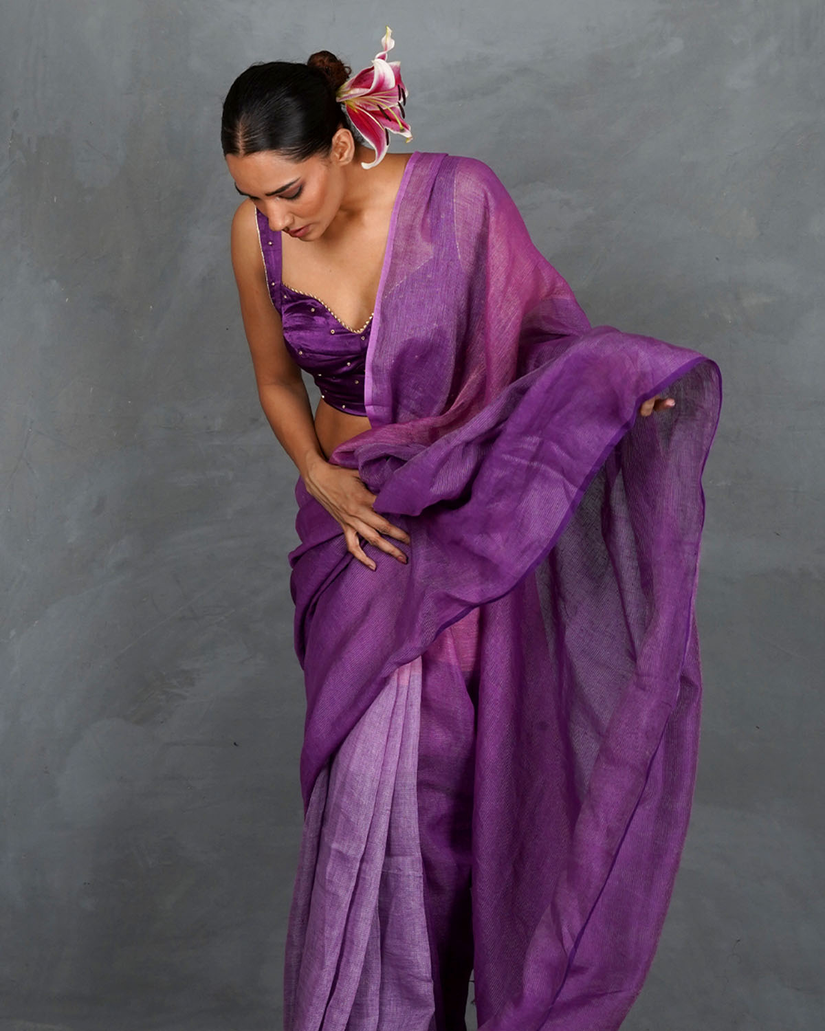 Embrace Glow Purple Handwoven Linen Saree - TARA