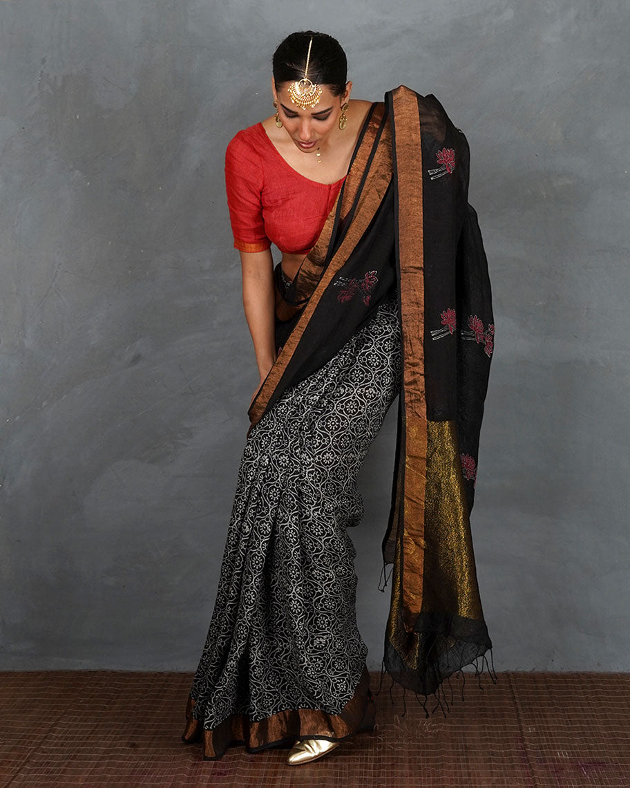 Tejasvi Black Handblock Linen Saree - TARA