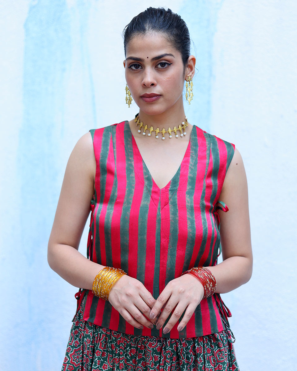 Ujvala Red With Green Handblock Print Mashru Silk Blouse - RSH
