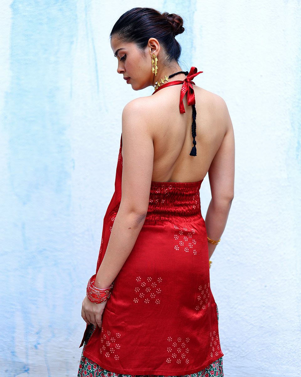 Aabha Red Handblock Print Mashru Silk Kurta - RSH