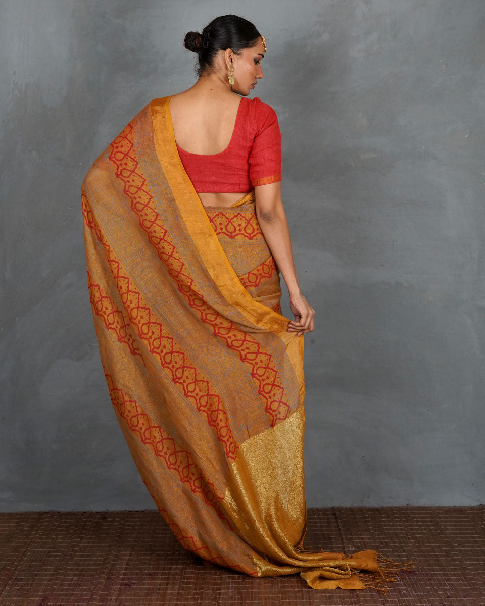 Deepika Mustard Handblock Linen Saree - TARA