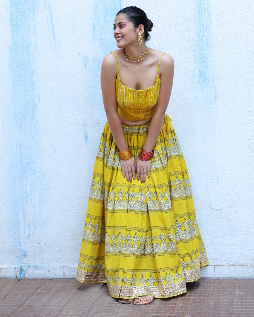 Ushashi Yellow Handblock Print Cotton Ghagra - RSH