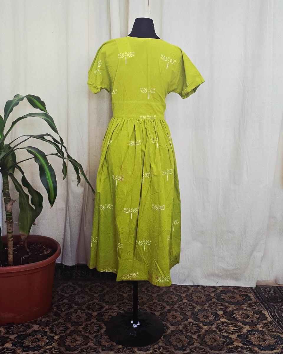 Riya Parrot Green handblock printed Cotton dress - Love Despite