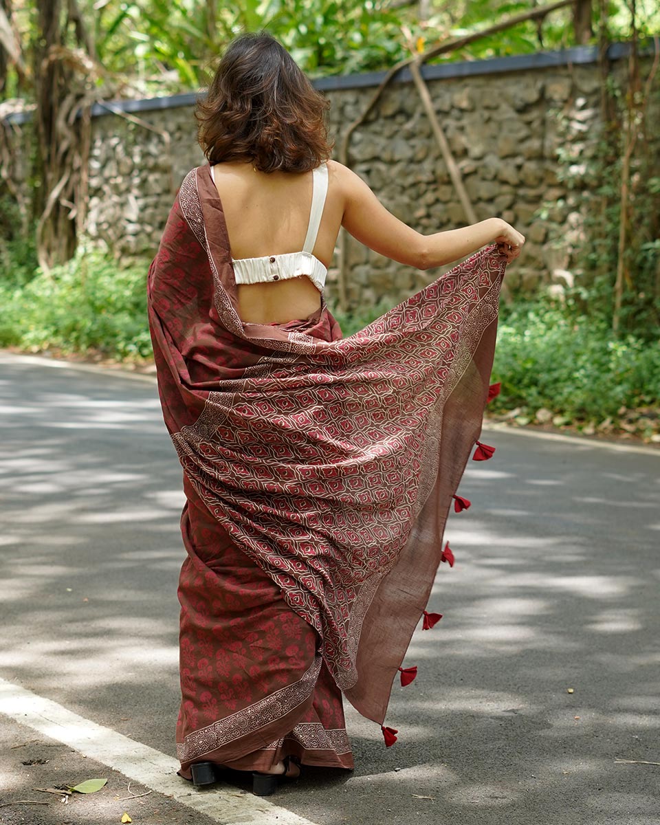 Tiramisu Barfi Maroon Brown Handblock Print Cotton Saree - PBC