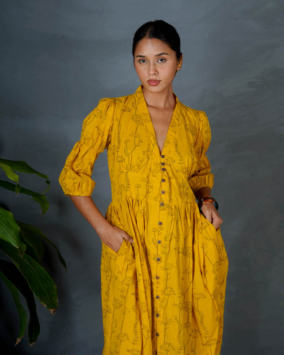 Ziya Yellow Hand Block Printed Dress-MYA