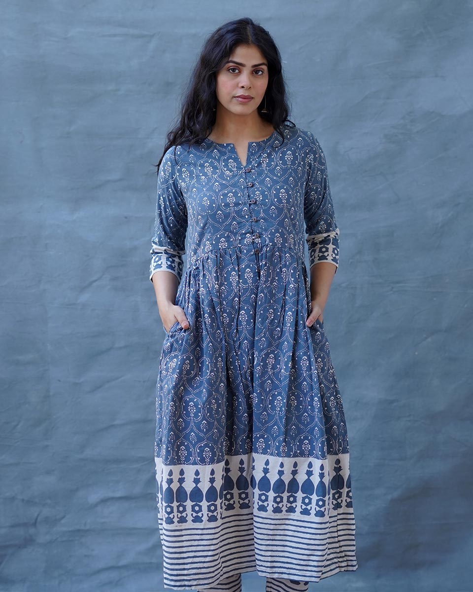 Hollow Dusk Grey Block Printed Kurta Set - BMS