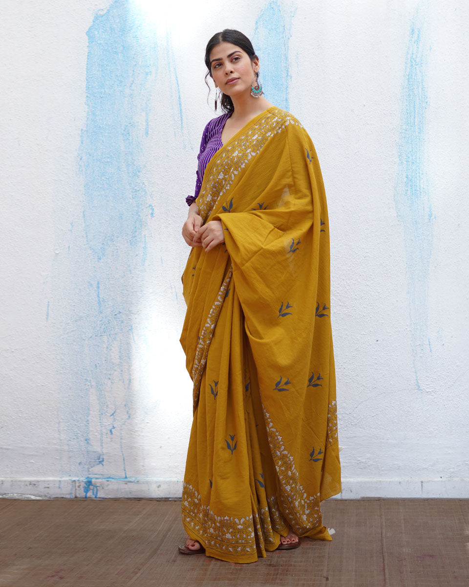 Manchali Mustard Yellow Handblock Print Cotton Saree - BFG