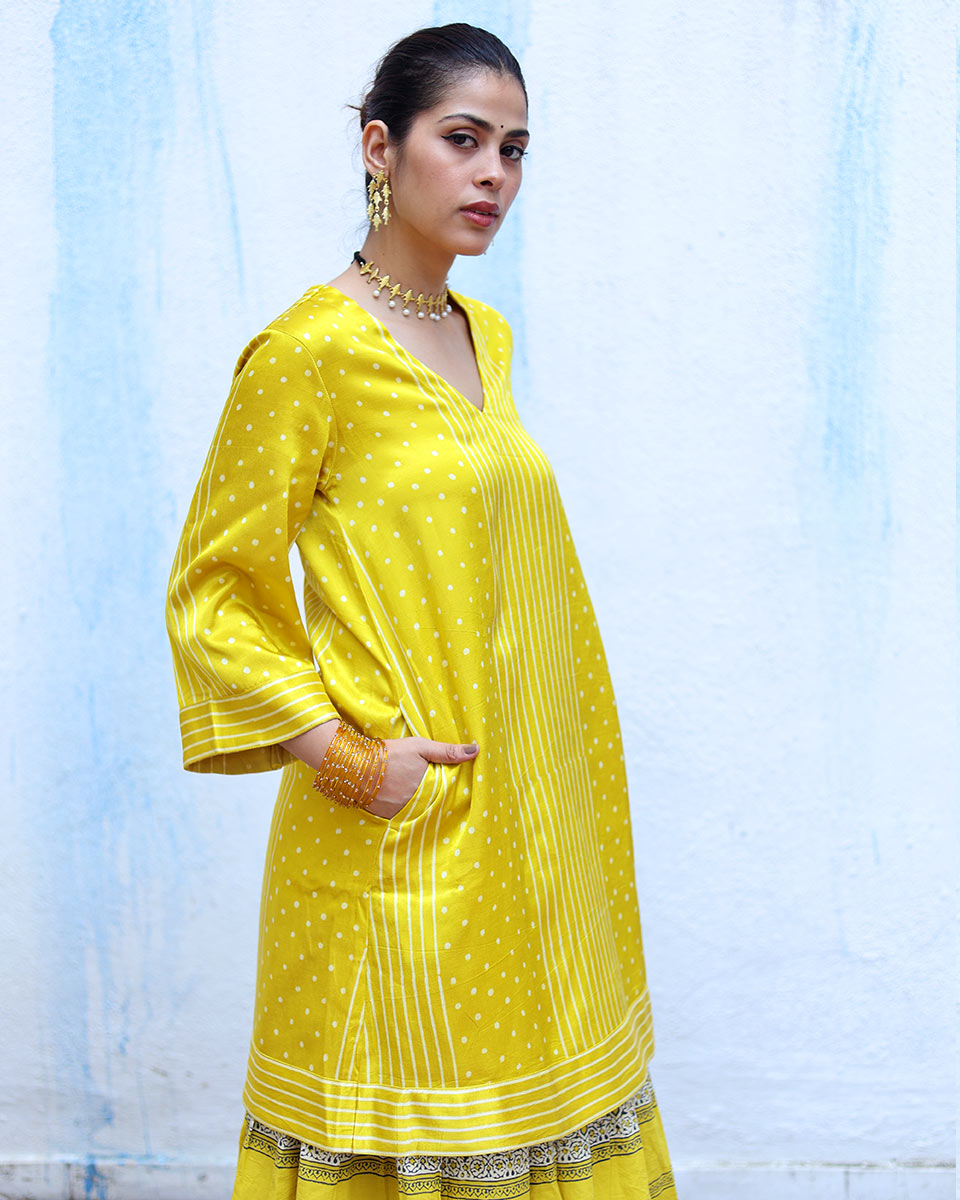 Jhilmil Yellow Handblock Print Mashru Silk Kurta - RSH