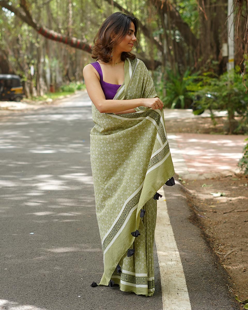 Kesar Phirni Olive Green Handblock Print Cotton Saree - PBC