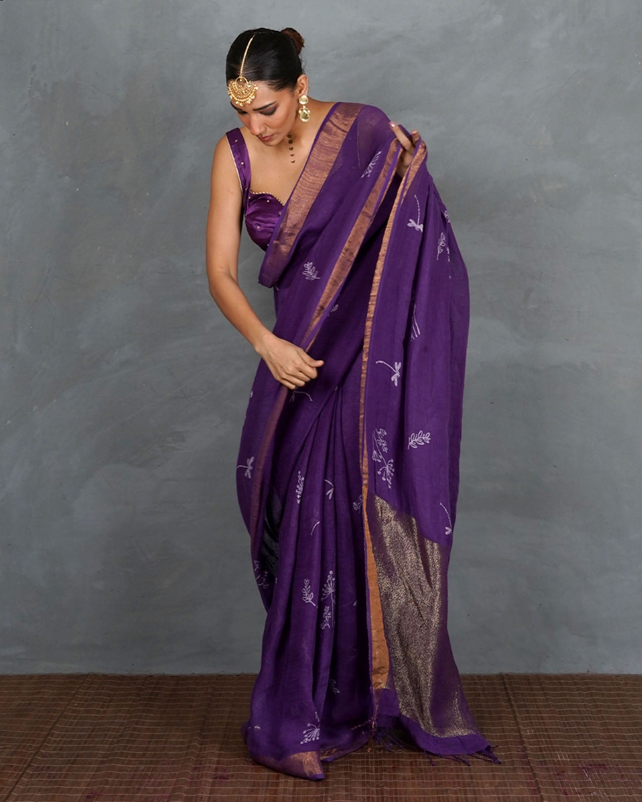 Noori Royal Purple Handblock Linen Saree - TARA