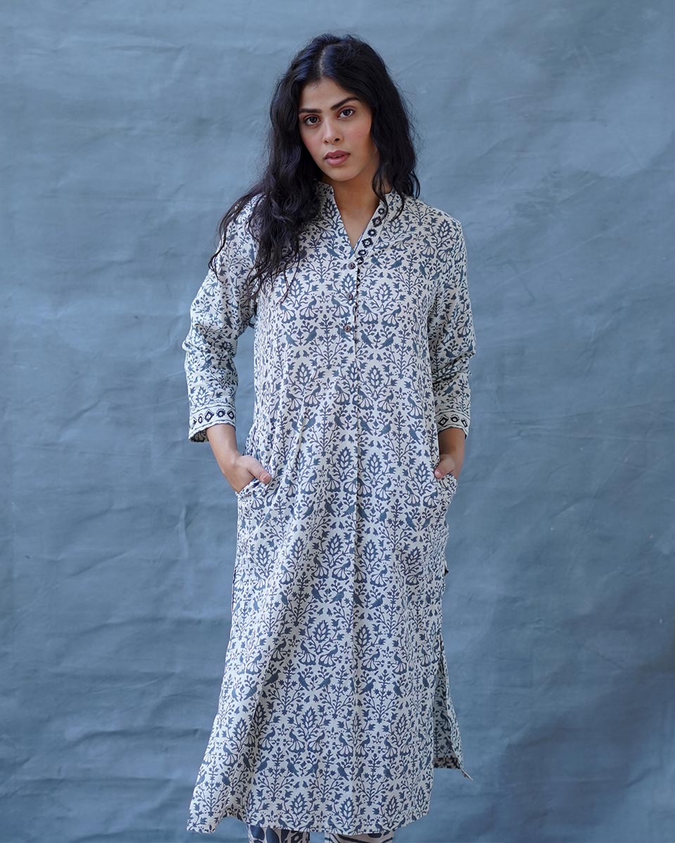 Monsoon Sea Grey Block Printed Cotton Kurti - BMS