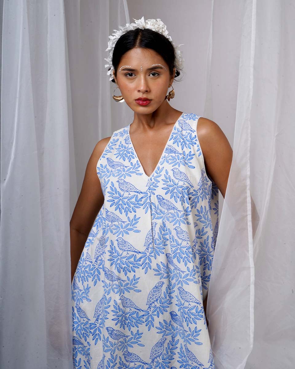 Megha White Hand Block Printed Dress-BAD