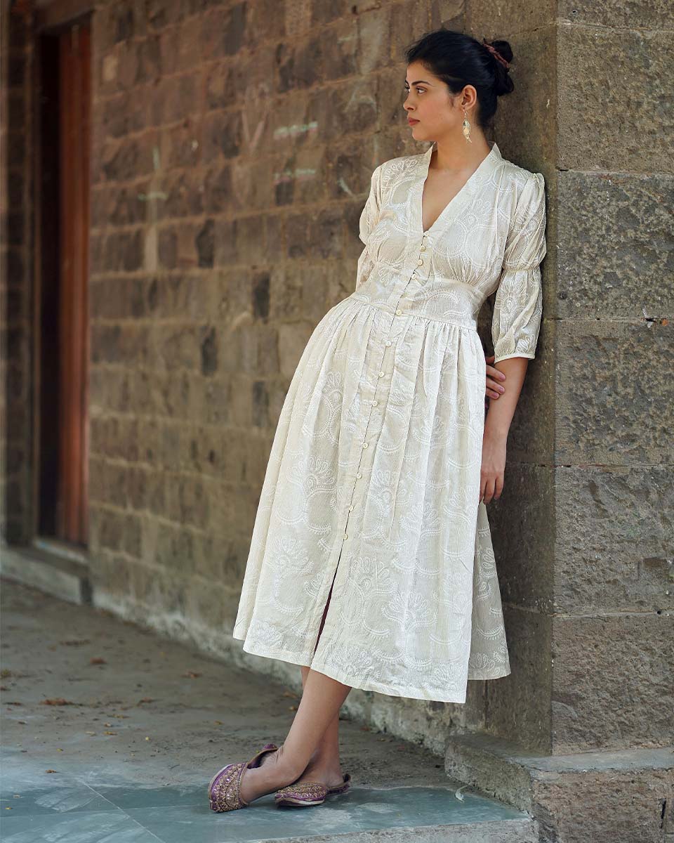 Shop Dried Magnolia Ivory Block Printed Dress