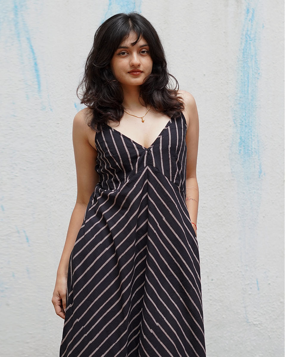 Snow Moon Black Handblock Print Cotton Dress - MNCH