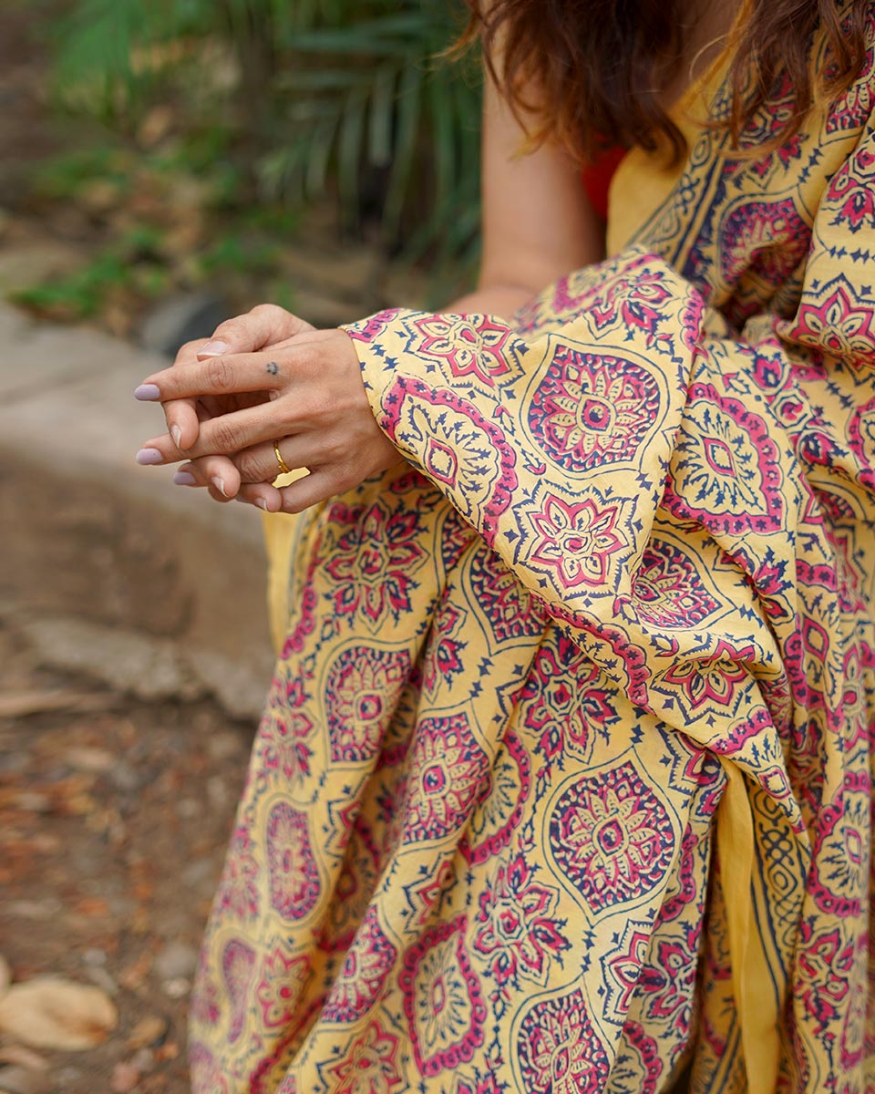 Chikoo Shake Mustard Yellow Handblock Print Cotton Saree - PBC