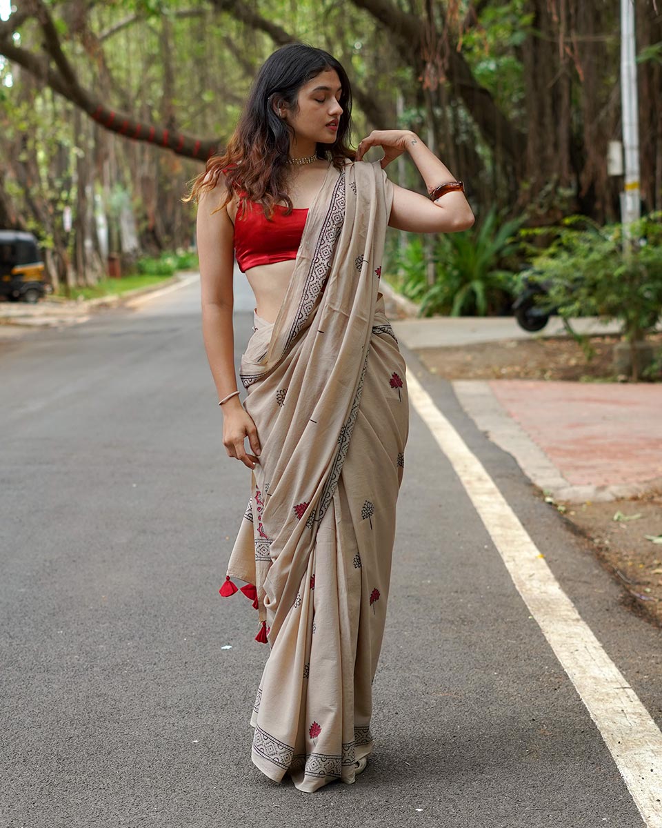 Coconut Chikki Beige Handblock Print Cotton Saree - PBC