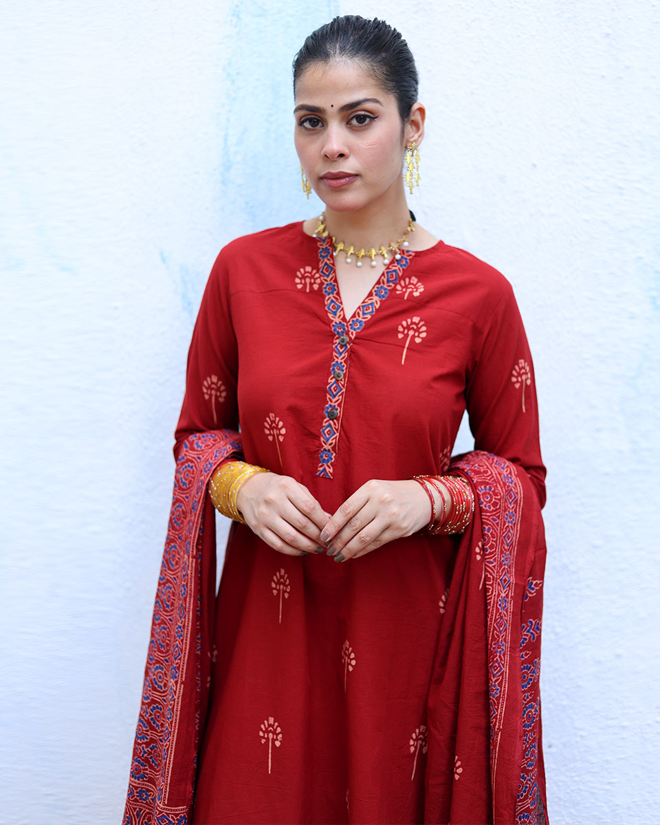Tara Red Handblock Print Cotton Dupatta - RSH