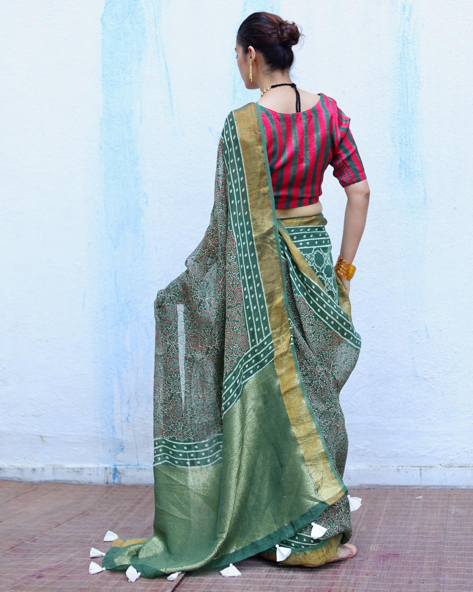 Deepti Green Handblock Print Linen Saree - RSH