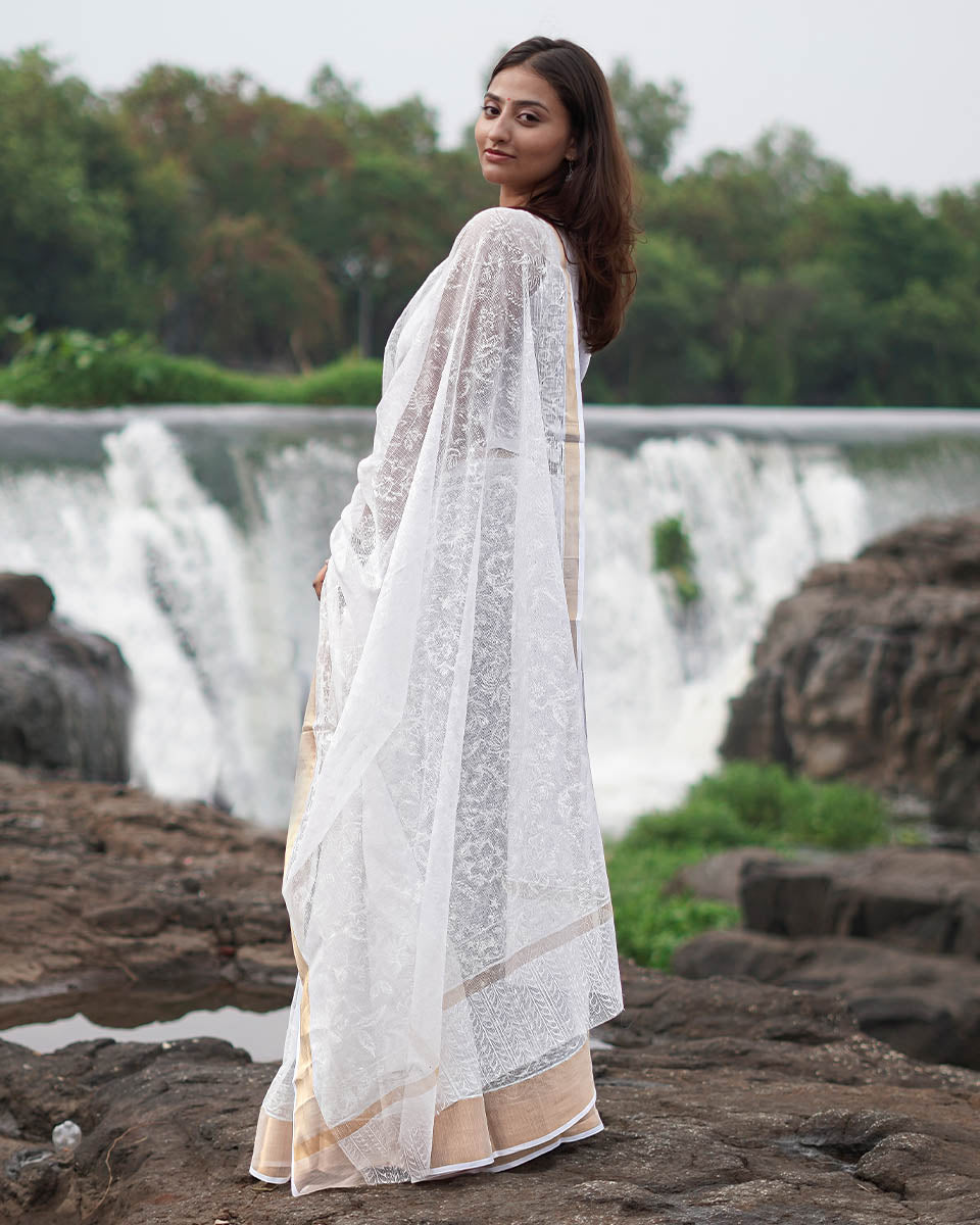 Dewbone Kota Doria Ivory Block Printed Saree - SFD