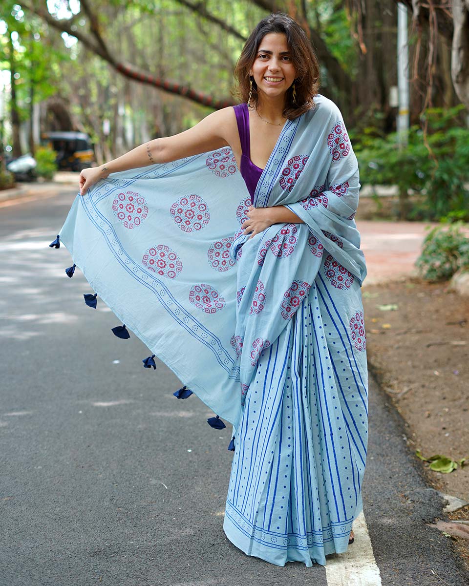 Blueberry Cream Sky Blue Handblock Print Cotton Saree - PBC