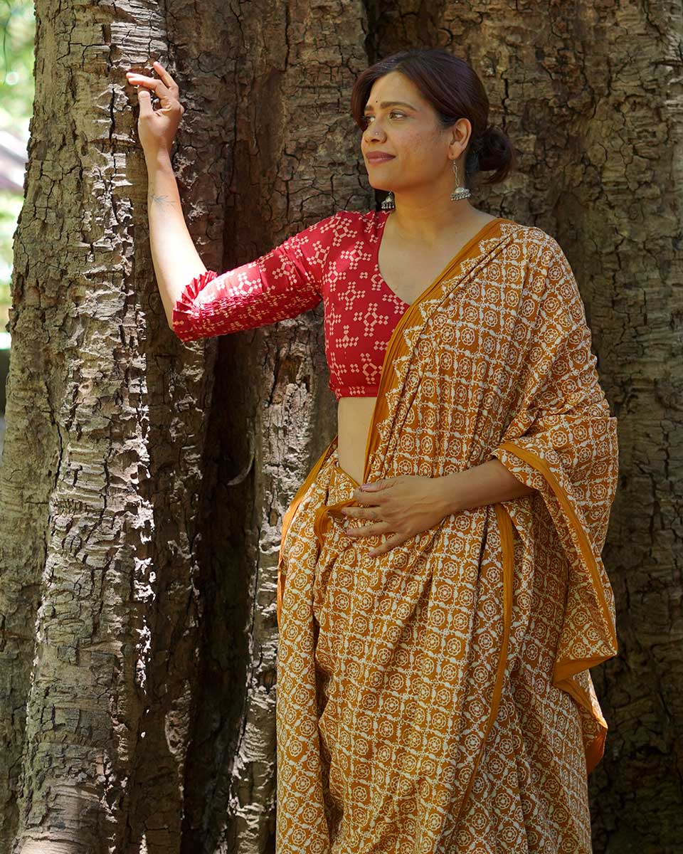 Under Open Skies Mustard Hand Block Printed Cotton Saree - UMT