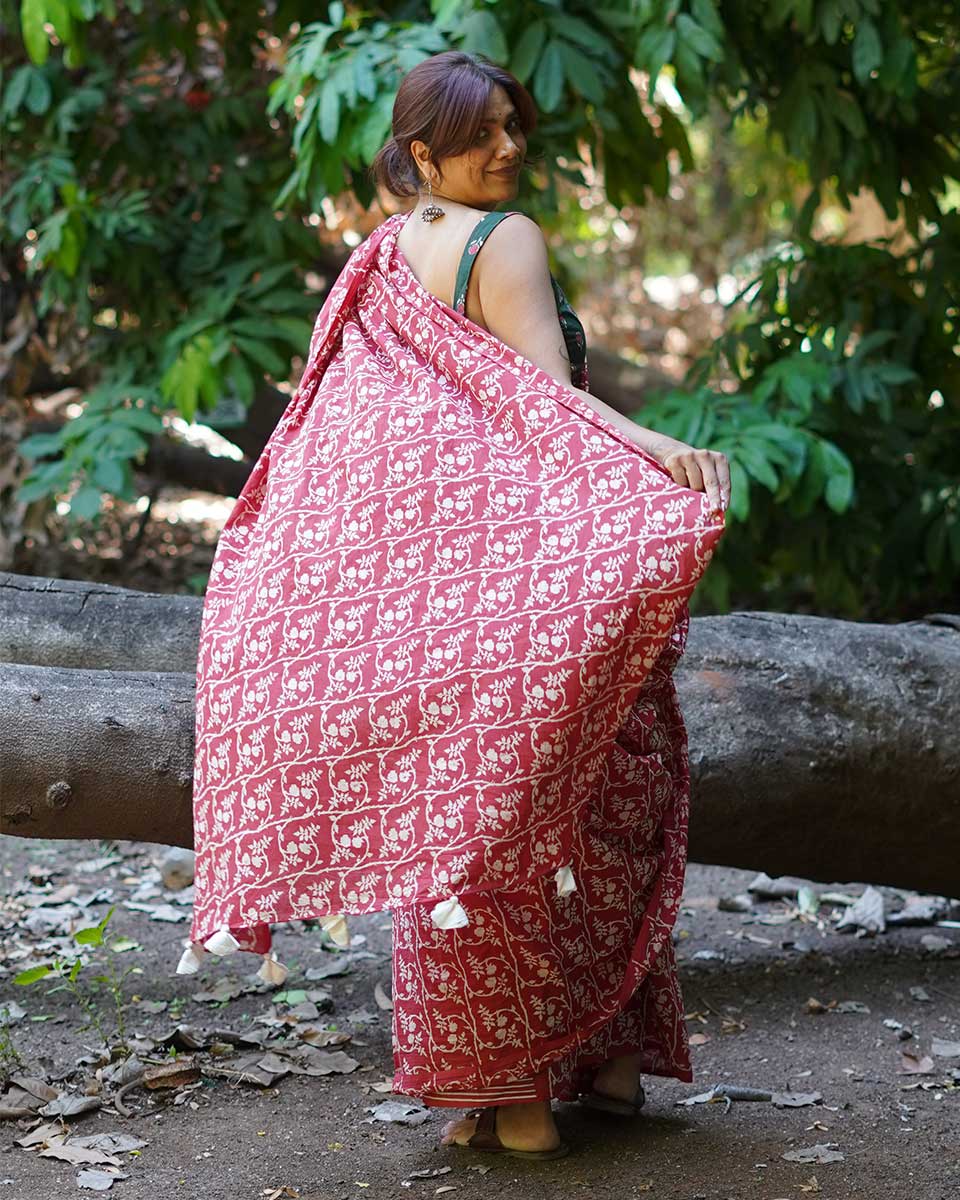 Summer At Nani’s Rust Red Hand Block Printed Cotton Saree - UMT