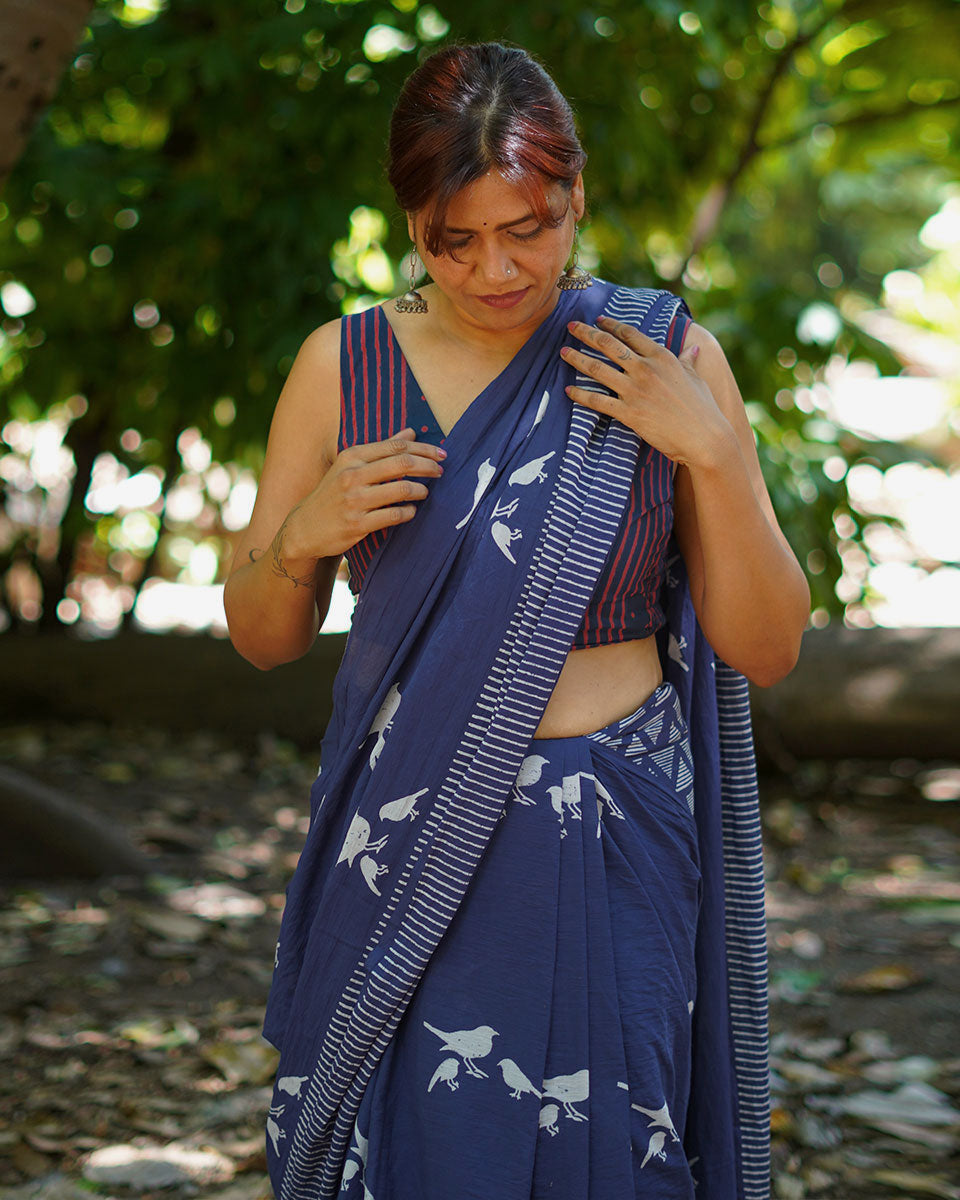 Mehekti Khushboo Blue Hand Block Printed Cotton Saree - UMT