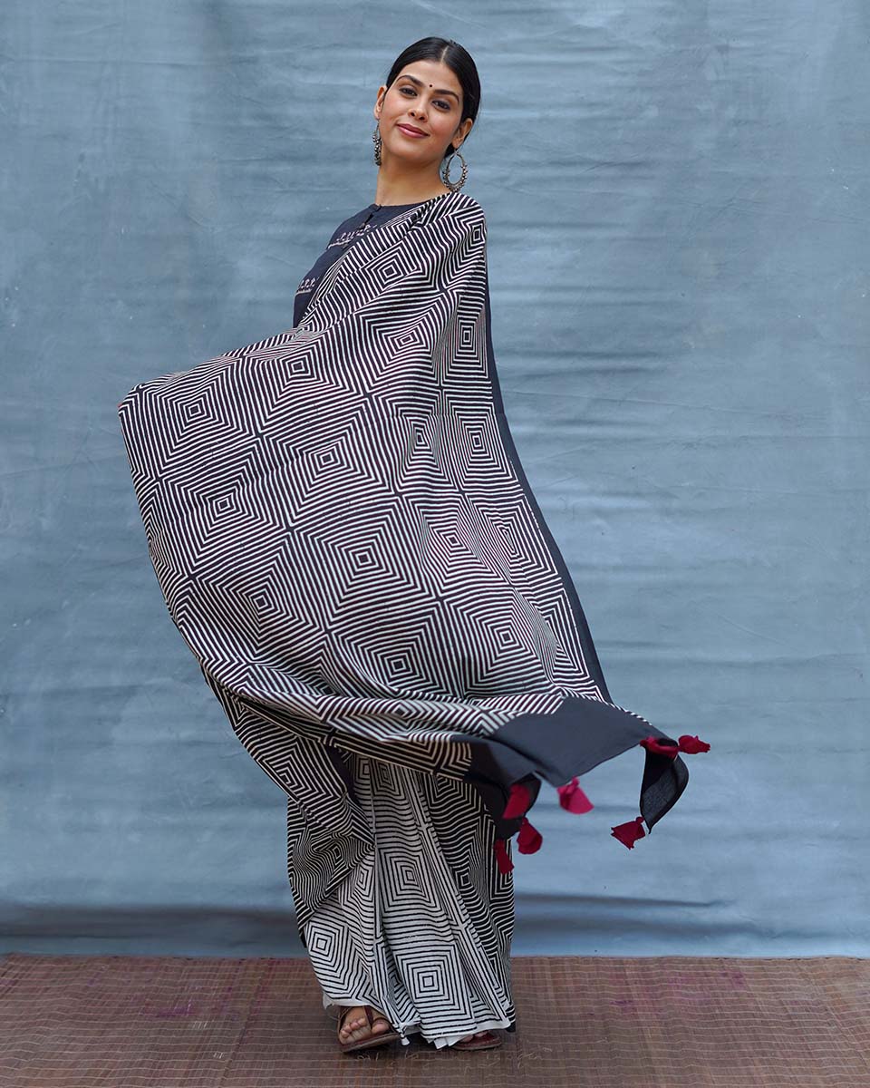 Vintage Muse Black & White Handblock Print Cotton Saree - M&M